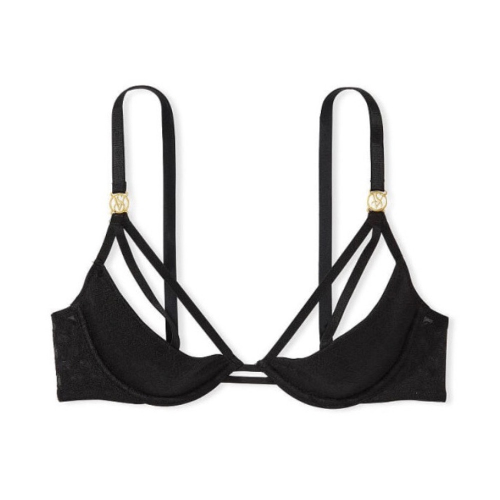 Victoria's Secret Black Strappy Underwire Bra with Gold Accents